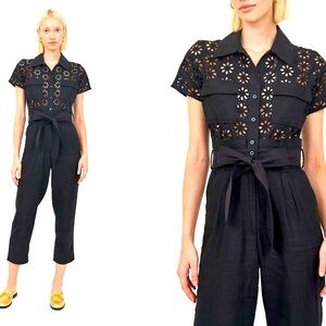 CHRISTY LYNN black linen Chase cropped length jumpsuit w tie belt & eyelet lace
